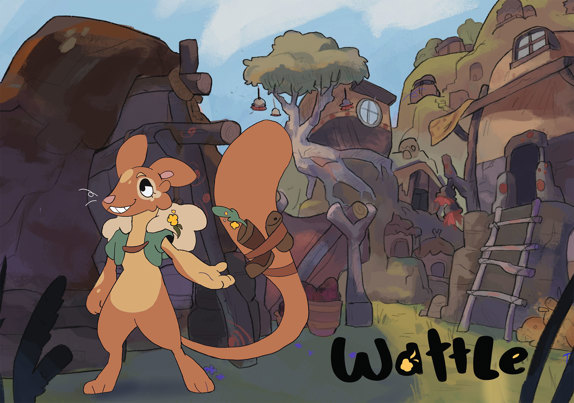 Animated quoll holding a small spade and looking at a flower.