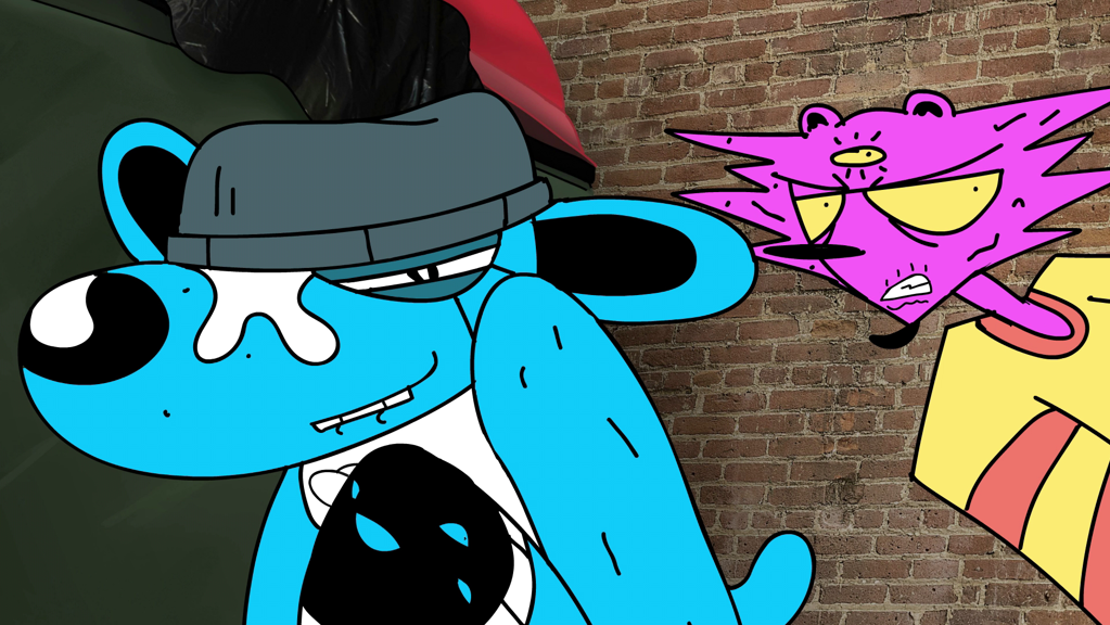 Stylised blue dog wearing a beanie leans forward with a tired expression, while a spiky pink creature with three yellow eyes glares behind it.