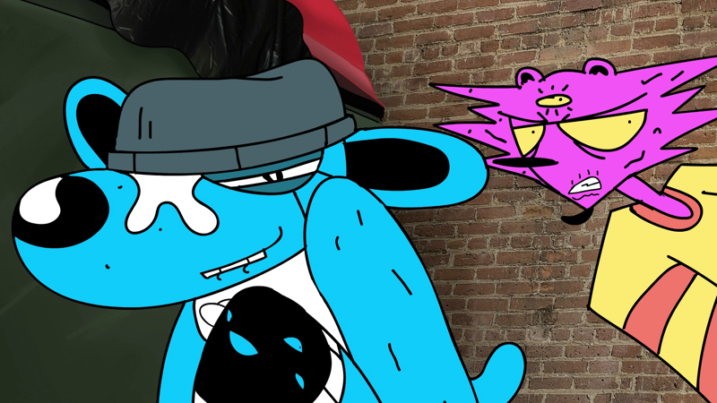 Stylised blue dog wearing a beanie leans forward with a tired expression, while a spiky pink creature with three yellow eyes glares behind it.