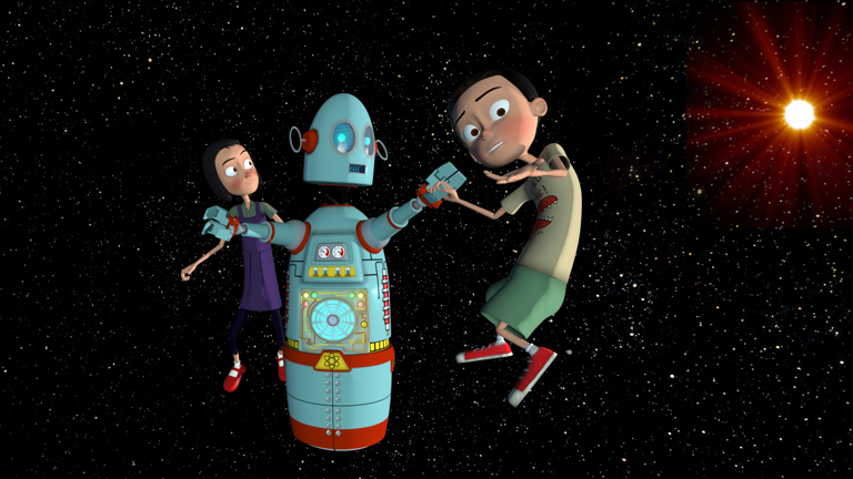 girl, robot and boy