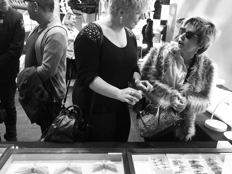 Museum visitors discussing moth specimens.