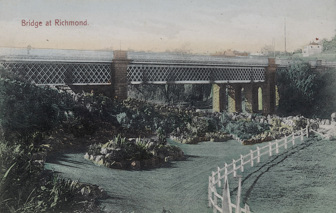 Richmond Gardens, with Hawthorn Railway Bridge over the Yarra River in the background, circa 1900