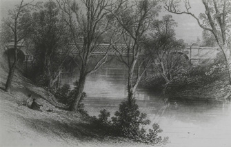 A scenic postcard featuring a railway bridge, Hawthorn, circa 1900