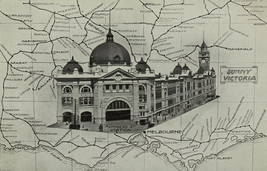 Promotional image: Flinders Street Station overlaid on a map of Victorian Railways, circa 1910