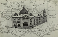 Promotional image: Flinders Street Station overlaid on a map of Victorian Railways, circa 1910