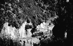 Aerial view of Walhalla train on a hillside track, 1906
