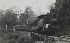 A steam locomotive hauling passenger carriages, circa 1920