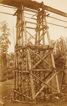 Rail bridge on the Warragul to Noojee line, Neerim South, 1918. Four men stand at the base of a timber trestle pier.