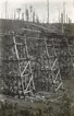 Rail bridge on the Warragul to Noojee line, Neerim South, 1918. A travelling crane is lowering a girder; workers are guiding the girder into place.