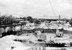 A riverside construction site beside a bridge on the Yarrawonga to Oaklands line, post-1938
