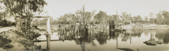 The bridge over the Murray River at Yarrawonga, on the Yarrawonga to Oaklands line. One pier has been completed while another, on the far side of the river, is under construction.