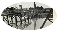 A temporary timber bridge over the Mitchell River on the Bairnsdale to Orbost line, circa 1916