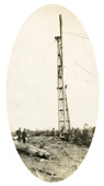 Bridge over the Nicholson River, Bairnsdale to Orbost line, circa 1915. An 80 ft test pile is being lifted into position by a pile-driving derrick.