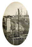 Bridge over the Nicholson River, Bairnsdale to Orbost line. Pile driving for Pier no. 3, circa 1915. Concrete Piers 1 and 2 are visible in the background.