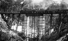 A train crossing the Boggy Creek Bridge, Bairnsdale to Orbost line, circa 1914