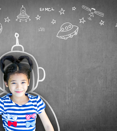 A girl posing amongst illustrations of spaceships and stars.