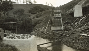 Three pedestals for the Maribyrnong River Viaduct under construction on the Albion to Broadmeadows line, Keilor East, 1928