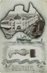 Postcard with a map of Australia, Flinders Street Station, ships and a handshake, circa 1906