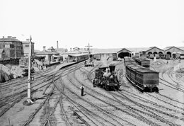 B class locomotive no. 64, Spencer Street Station, circa 1872