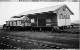 Freight shed during Commissioner's visit, Cobden Railway Station, circa 1970s