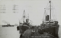 Rail trucks and two large ships berthed at Railway Pier (Station Pier), Port Melbourne, pre-5 November 1923