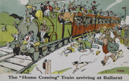 Illustration of a steam passenger train – 'The "Home Coming" Train arriving at Ballarat', post-1920