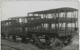 Livestock freight carriages, apparently damaged, circa 1930