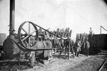 Steam-powered sawmill cutting timber for locomotives, Knowsley district, 24 July 1913