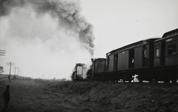 Steam locomotive hauling a guard's van and first class passenger carriage, Daylesford district, pre-1930