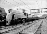 Streamlined Spirit of Progress S class locomotive no. 302, on a test run, leaving Spencer Street Station