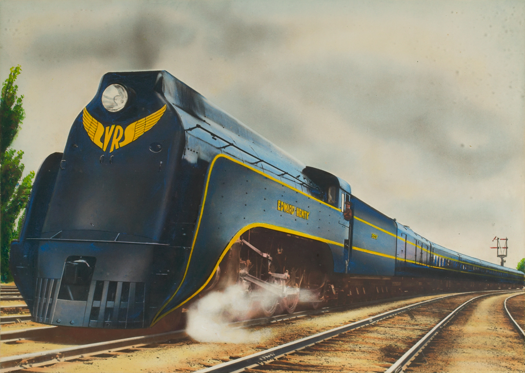 The steam-powered locomotive 'Edward Henty', one of the S class locomotives that hauled the 'Spirit of Progress' which ran from Melbourne to Albury, circa 1940. The train is painted golden yellow and royal blue – the colours of Victorian Railways.