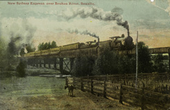 The New Sydney Express, consisting of two tenders and six carriages, crossing Broken River, Benalla, 1908