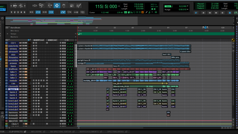 Digital audio workstation interface with multiple audio tracks, waveforms, and a control panel displaying various settings and levels.