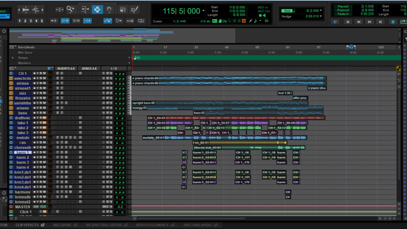 Digital audio workstation interface with multiple audio tracks, waveforms, and a control panel displaying various settings and levels.