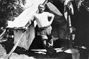 Railway worker and tent, Gippsland, circa 1925