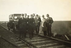 Staff, including Chief Engineer Charles Perrin, inspecting construction of the Maribrynong River Viaduct on the Albion to Broadmeadows line, circa 1928-29