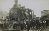 V class steam locomotive no. 499 with station staff and loco crew at Port Albert Railway Station, 1912