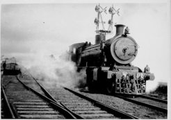 N class steam locomotive hauling Bungaree passenger race train and racecourse signals, circa 1920s