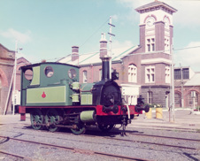 Restored Z class locomotive no. 526 known as Polly, in front of the clock tower at Newport Railway Workshops, following restoration for the Museum of Victoria