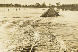Floods washing over the Yarrawonga to Oaklands line, Oaklands, 1931