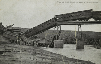 Train wreckage following a bridge failure at McCallums Creek, 19 August 1909