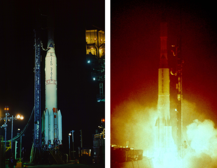 A rocket ship blasts off. 