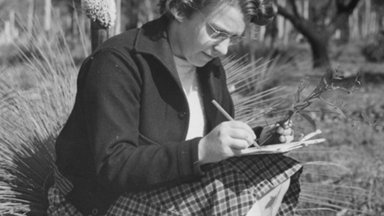 A woman sketches a plant cutting while sitting on a grass tree.