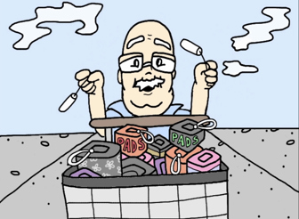 Still from animation, showing an old man with a large moustache carrying an armful of packaged sanitary pads