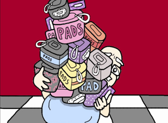 Still from animation, showing an older man with white moustache walking down the street with trolley full of sanitary pads, spinning two tampons around by their strings