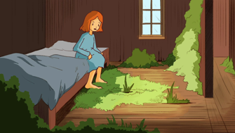 Still from animation of a teen girl with red hair wearing a nightgown getting out of bed to find the floorboards overgrown with grass