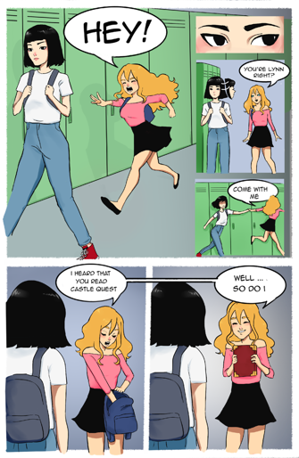 Three illustrations: Blonde girl chases brunette girl down corridor and calls out, blond girl reaches into backpack while talking to brunette girl, blonde girl takes out a red book (Castle Quest)