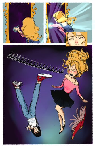Three illustrations: Blonde girl approaching mirror, blonde girl entering mirror, blonde girl and brunette girl falling through a void with screaming caption