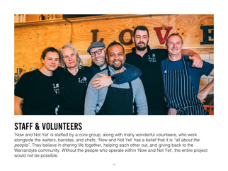 A photograph of six staff members standing together happily with the caption 'Staff and Volunteers' and text about their importance within the cafe 