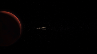 A long shot of a deep and black outer space. A large red planet is to the left and a small grey spacecraft is centred, facing tacing towards the planet